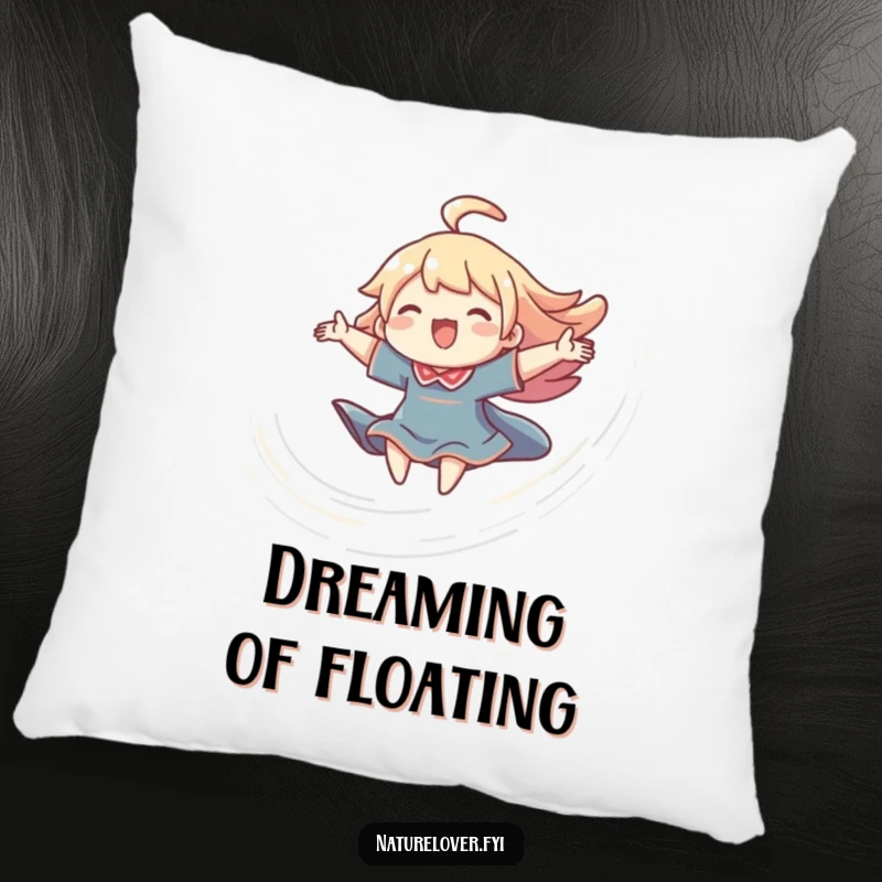 Funny joyful breeze pillow featuring a character riding a swirling breeze, offering cozy bliss and humorous freedom.