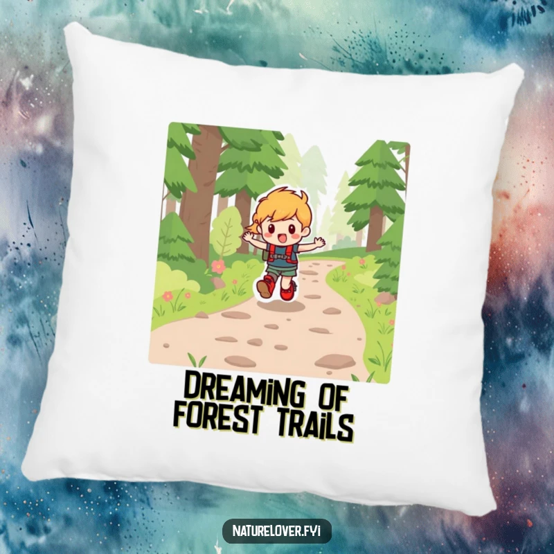 Funny pillow featuring a character in hiking boots skipping happily along a forest path, embodying outdoor bliss.