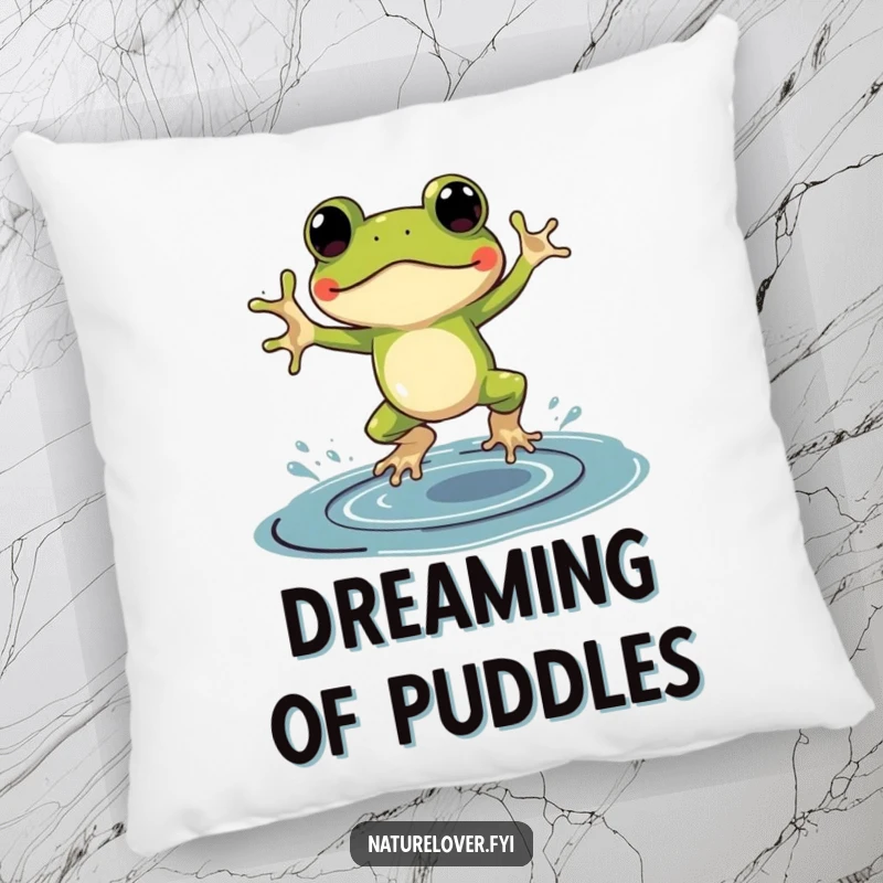 Funny pillow featuring a frog in tiny galoshes, gleefully jumping in an oversized puddle of ink.