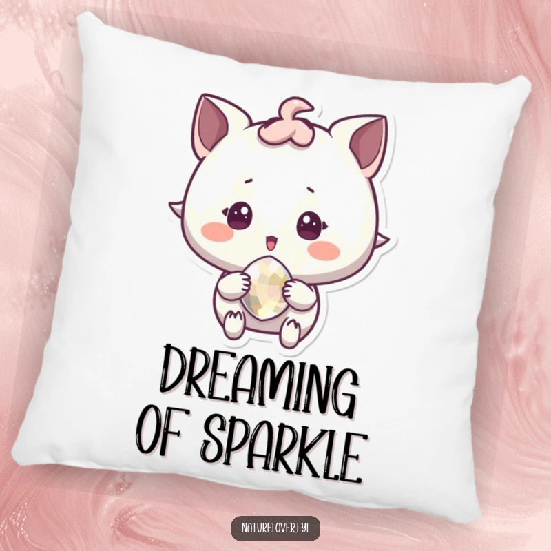 Funny Pillow featuring a character with surprised delight holding a sparkling pebble, adding sparkle to comfort.