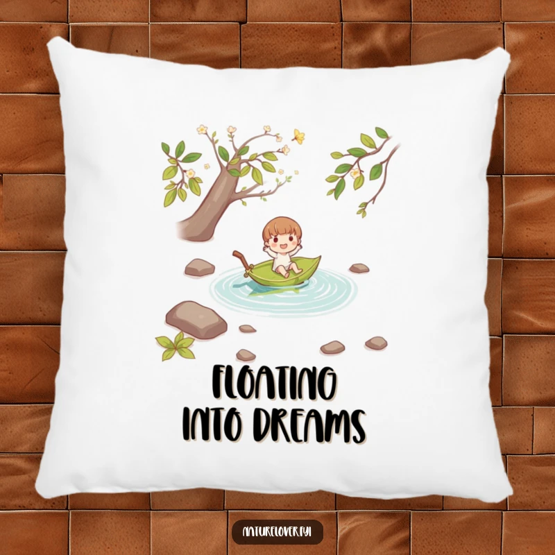 Funny small character joyfully floating down a stream on a fallen leaf boat, decorating a soft and comfortable throw pillow.