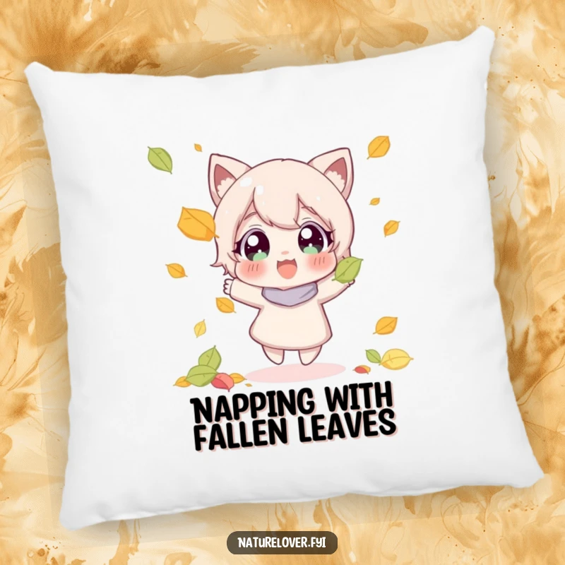 Funny pillow featuring a character with wide, happy eyes joyfully catching a falling leaf, perfect for autumn decor.