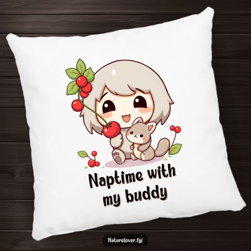 Funny pillow featuring a smiling character offering a berry to a small, friendly woodland creature, perfect for adding cute decor.