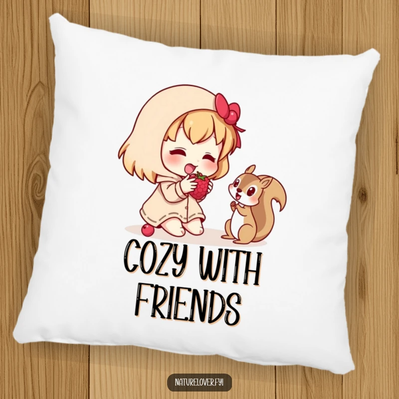 Funny pillow showcasing a character happily sharing a berry with a curious squirrel, offering comfort and a message of kindness.