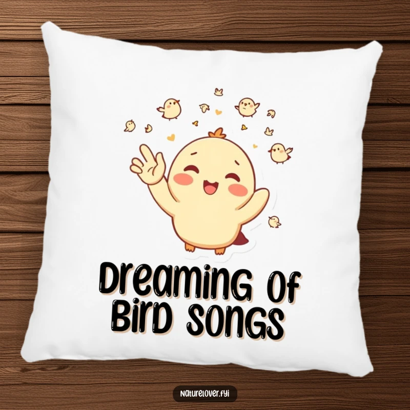 Funny Pillow: A happy character waves at a flock of tiny birds, bringing cozy cheer and smiles.