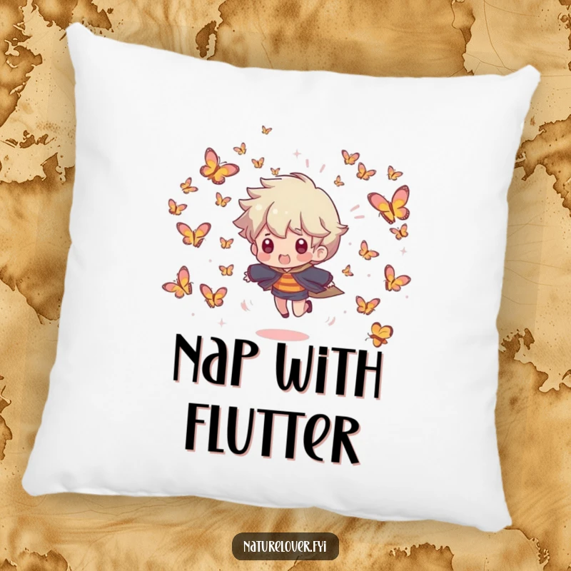 Funny pillow with a character being playfully chased by a swarm of tiny, smiling butterflies, adding whimsical comfort.