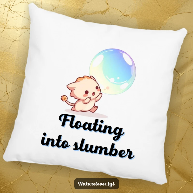 Funny pillow with a creature playfully chasing a shiny iridescent bubble, adding comfort and a touch of lightheartedness.