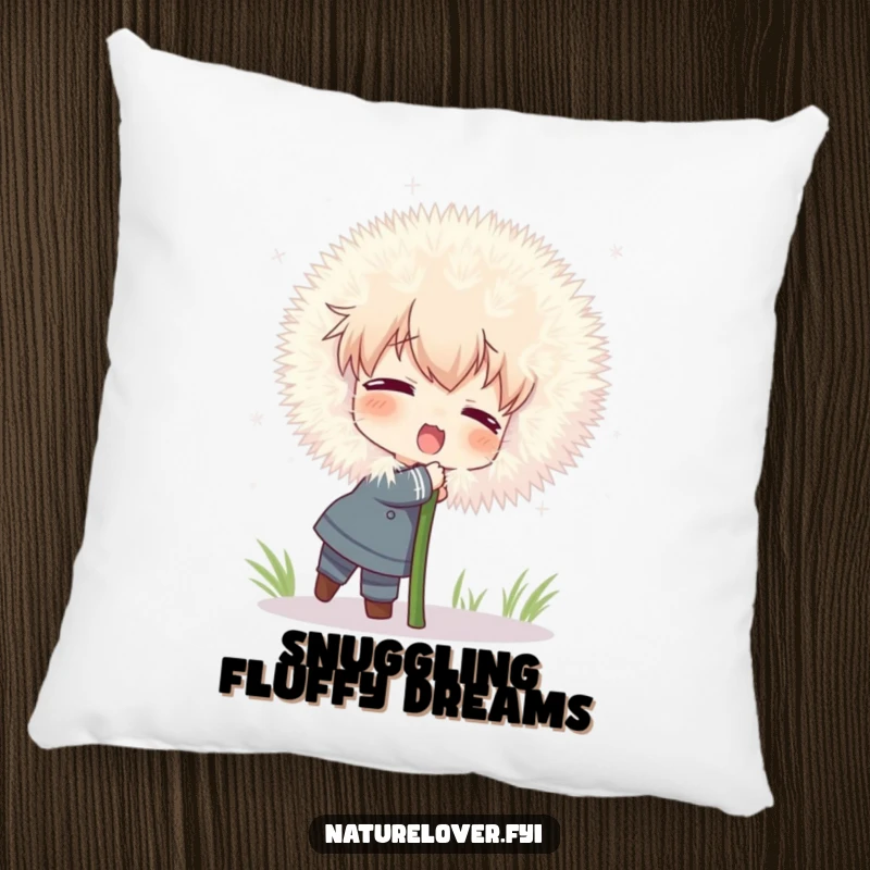 Funny pillow featuring a character attempting to hug a comically large, fluffy dandelion, perfect for whimsical decor.