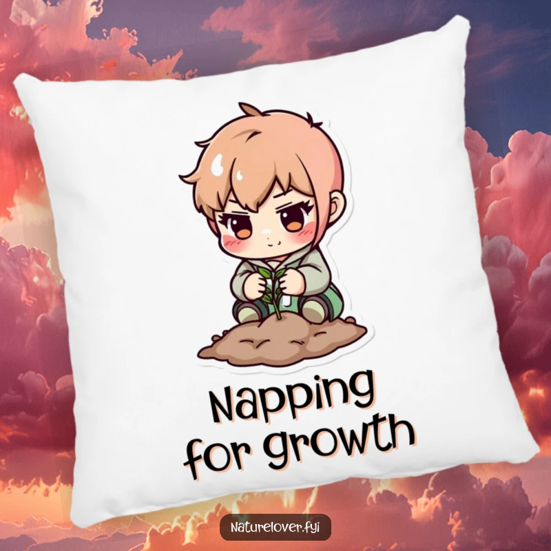 Funny pillow: cute character planting a seed with great care. Comforting and humorous decor.