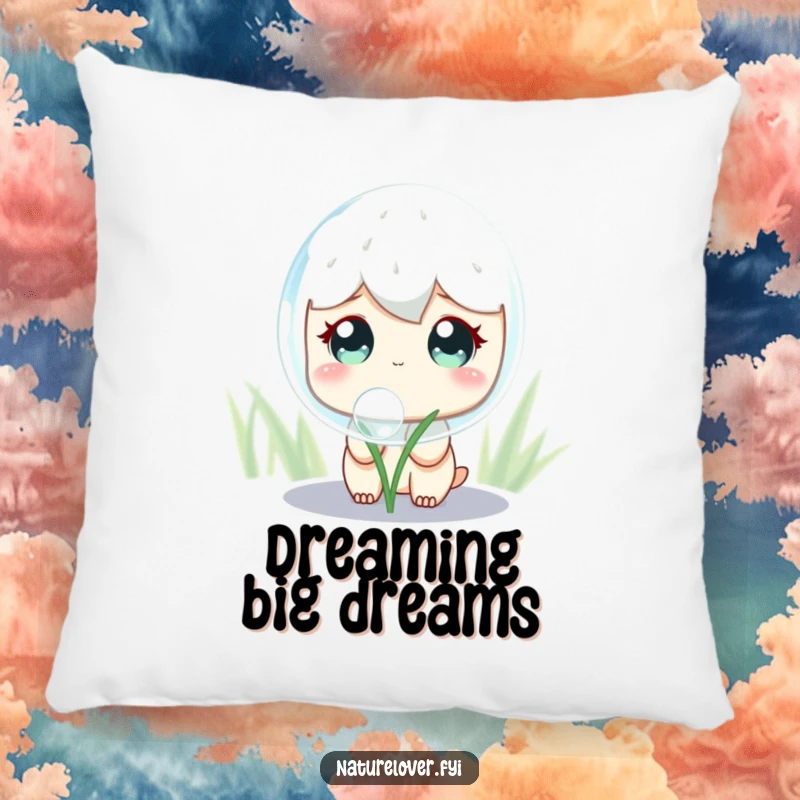 Funny Pillow: A cute character with wide, curious eyes contemplates a giant, shimmering dewdrop, adding a touch of wonder to any room.