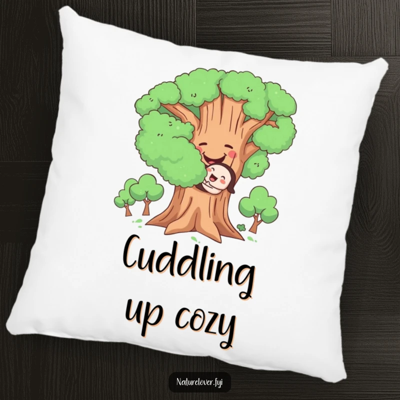 Funny Hugging Tree Pillow, soft cushion with a cute character joyfully hugging a large, smiling tree, cozy nature decor.