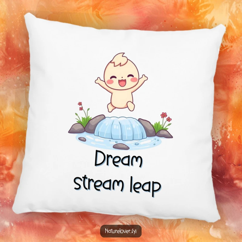Funny pillow featuring a happy character joyfully leaping over a small bubbling stream, bringing energetic comfort.
