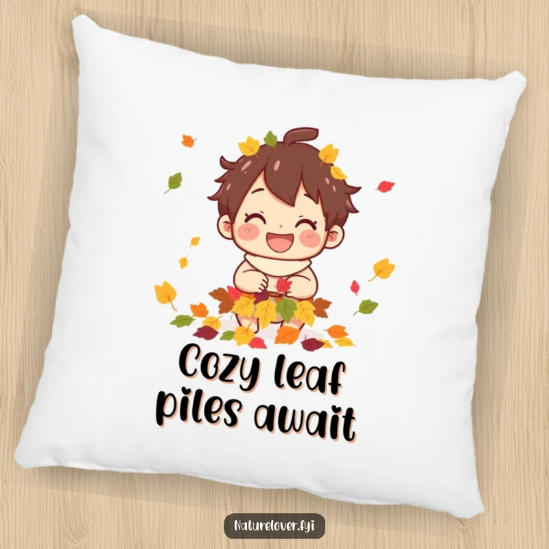 Funny pillow featuring a cheerful character happily collecting bright autumn leaves, perfect for seasonal decor.