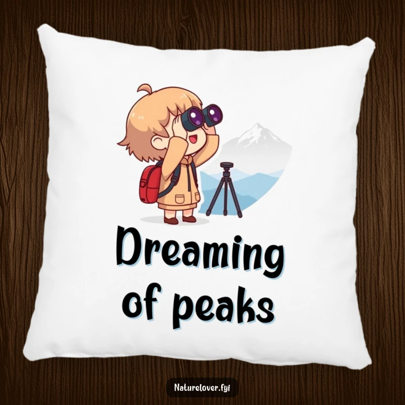 Funny pillow featuring a character with binoculars looking at a distant mountain, offering plush, funny decor for the adventurous soul.