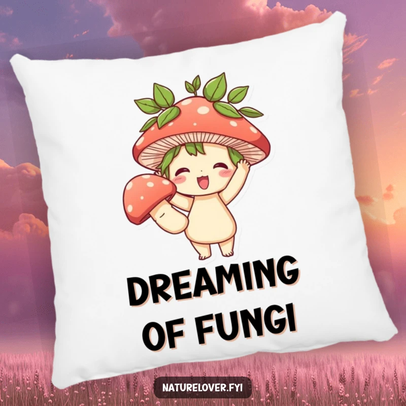 Funny pillow featuring a cute character with leaves in hair, triumphantly holding a large mushroom, offering a plush piece of funny, earthy decor.
