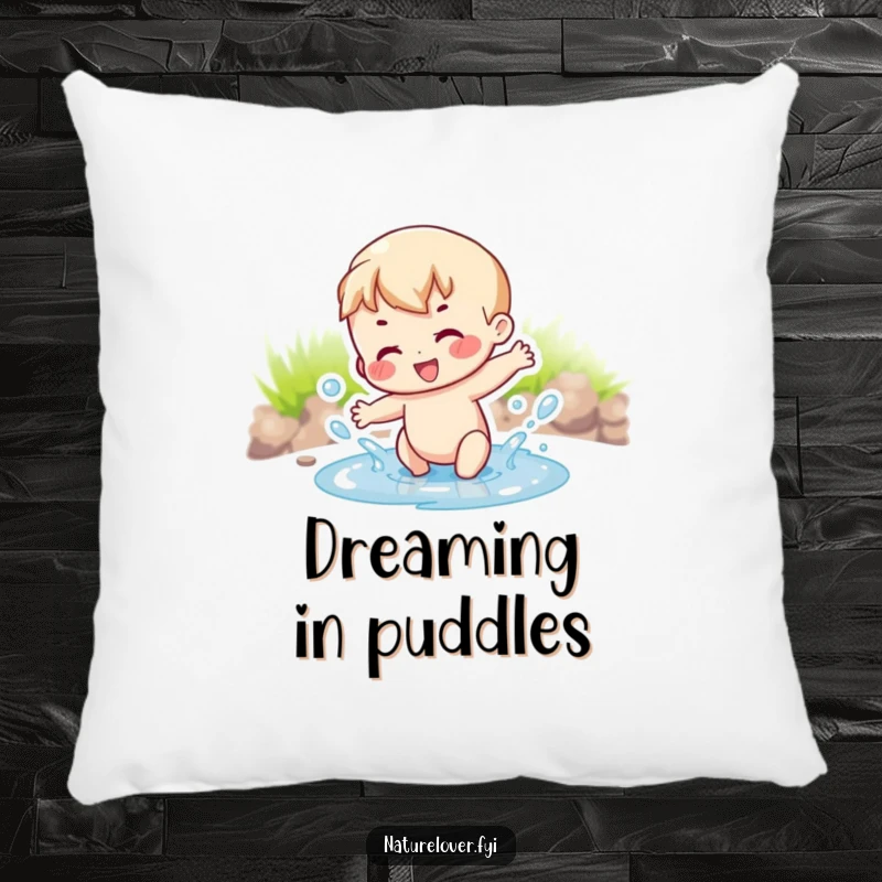 Funny joyful character splashing with abandon in a small puddle, depicted on this comfortable pillow.