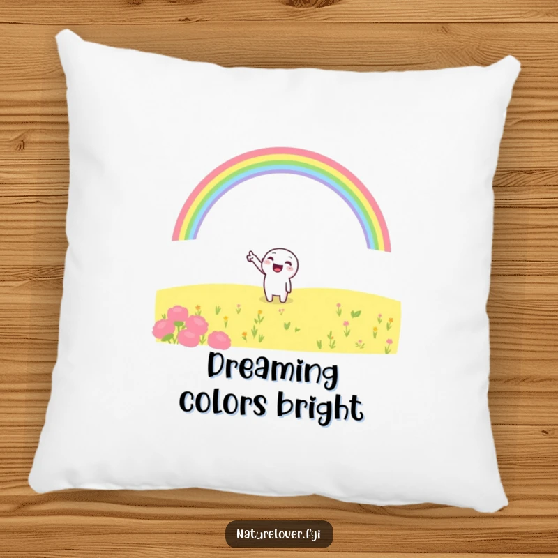 Funny pillow with a cheerful character pointing at a rainbow, adding a touch of hopeful, colorful humor to any space.