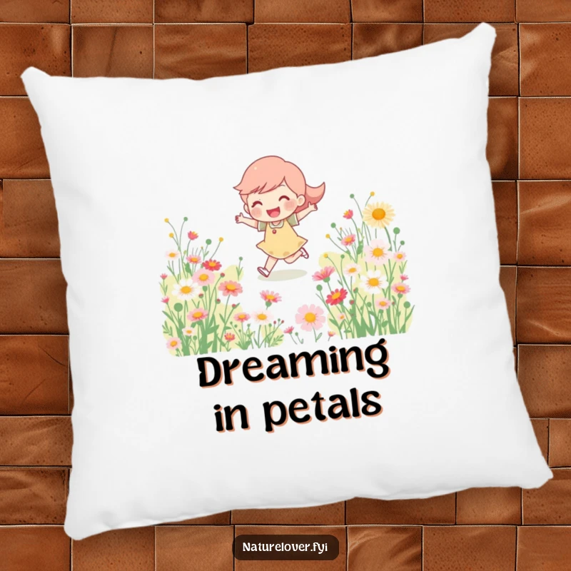 Funny Pillow: Soft pillow featuring a happy character skipping through wildflowers, providing comfort and a joyful, inviting feel.