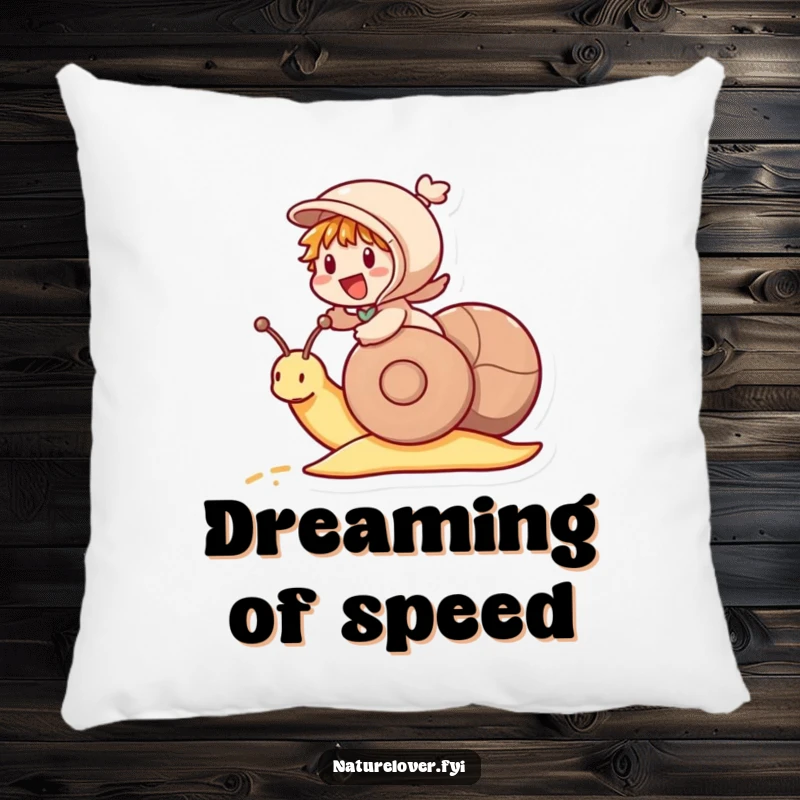 Funny pillow design showcasing a little character excitedly riding a snail as if it were a racehorse, a humorous addition.