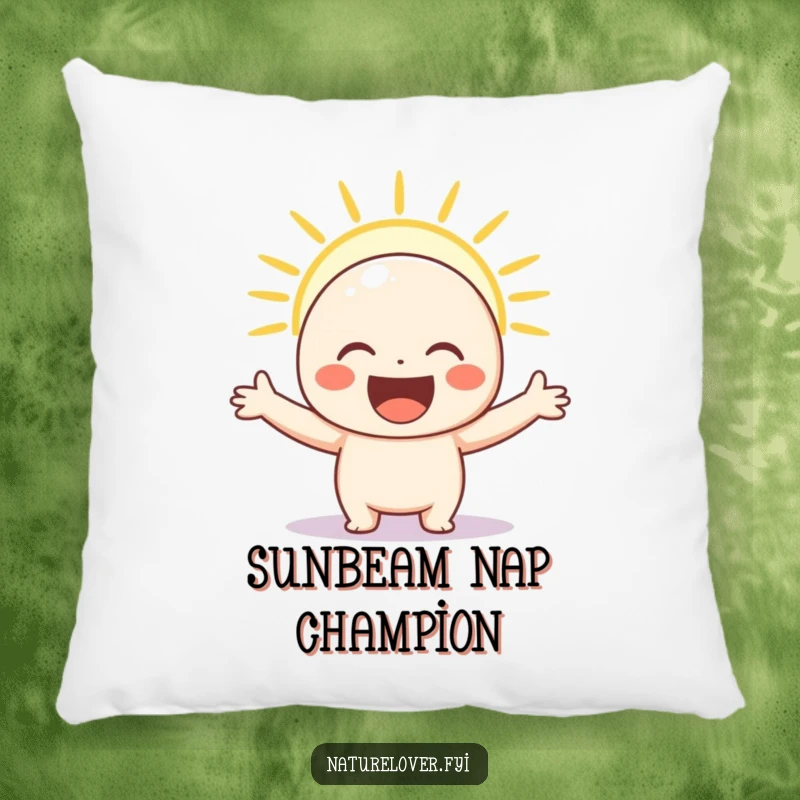 Funny pillow design of a happy character with arms wide, embracing a warm sunbeam, bringing cozy comfort and cheer.