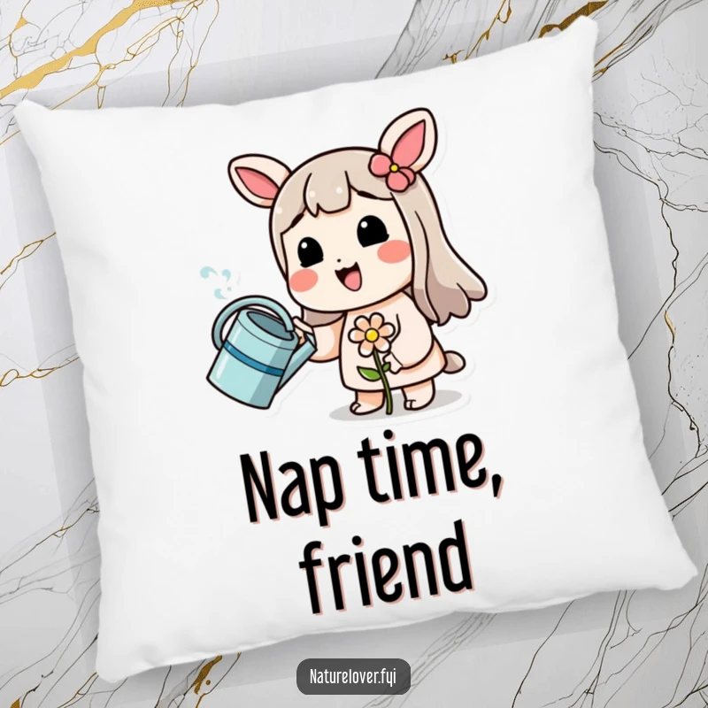 Funny pillow featuring a smiling character watering a small, wilting flower, offering a plush piece of funny nurturing decor.