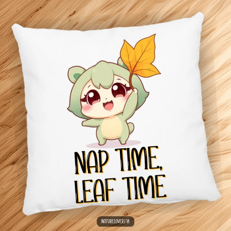 Funny pillow with a cute nature lover character excitedly trying to grab a falling leaf, adding a touch of whimsy to home decor.