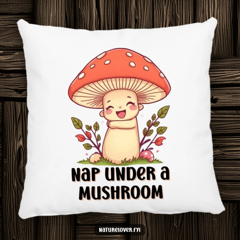 Funny pillow with a nature lover character enthusiastically hugging a giant, smiling mushroom, adding natural charm.