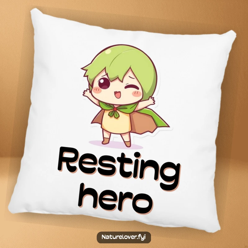 Funny Superhero Pose Pillow: A little character strikes a funny pose with a leaf cape, a soft and humorous decor piece.