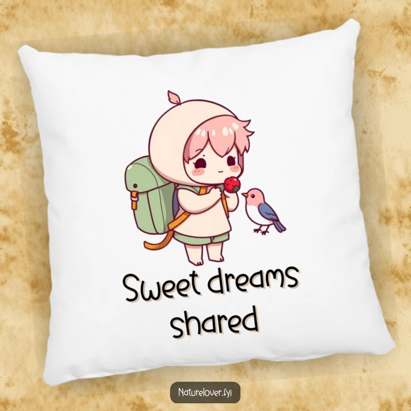 Funny pillow featuring a cute character offering a berry to a small bird, offering plush, funny decor for the kind-hearted.