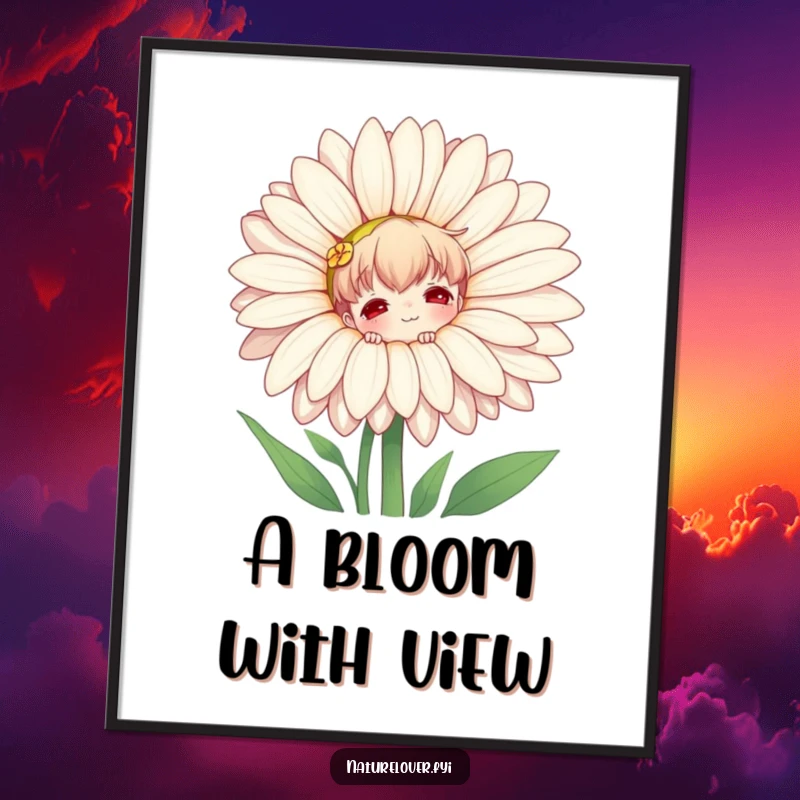 Funny digital art print of a nature lover character playfully peeking from behind a massive daisy, celebrating the joy of garden discoveries.