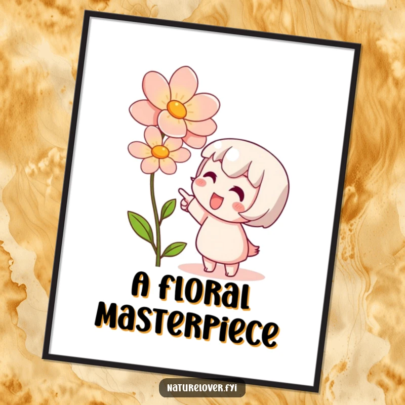 Funny digital art print of a cute character pointing excitedly at a blooming flower, capturing admiration and joy.