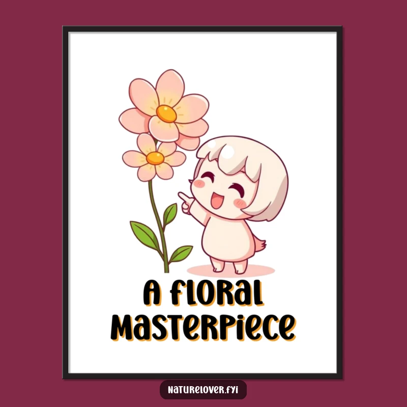 Funny Digital Art Print: Cute Character's Bloom Admiration, Instant Nature Joy Decor