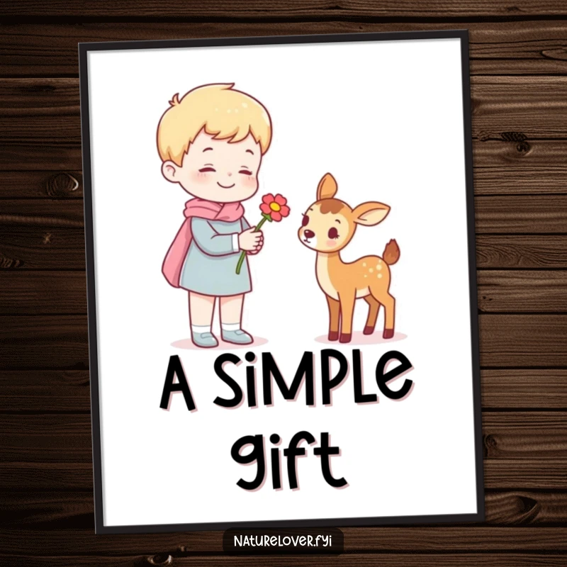 Funny digital art of a cheerful figure presenting a flower to a small deer, conveying a heartwarming and humorous message.