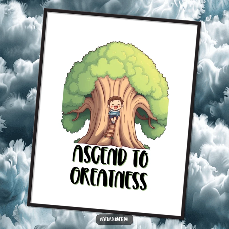 Funny smiling figure climbing a colossal, friendly tree, captured in high-resolution digital art.