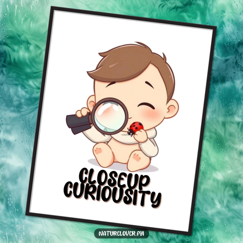 Funny digital art print of a character holding a magnifying glass, curiously examining a tiny ladybug with fascination.