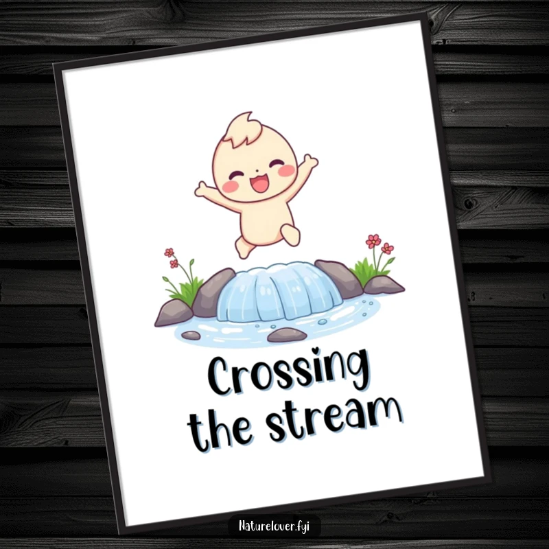 Funny digital art print of a happy character joyfully leaping over a small, clear stream, full of life and movement.