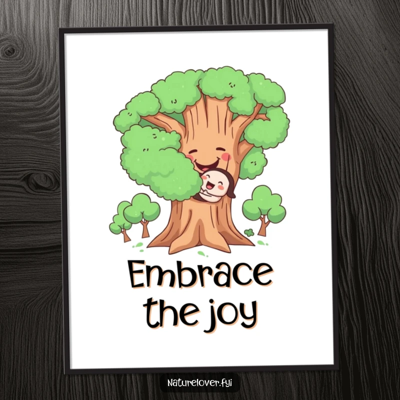 Funny Hugging Tree Digital Art Print, high-resolution image of a cute character joyfully hugging a large, smiling tree, nature-themed decor.