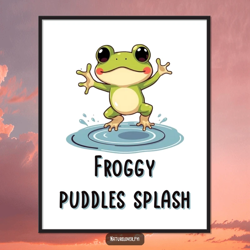 Funny digital art print of a frog wearing tiny galoshes, enthusiastically jumping in a puddle of ink.