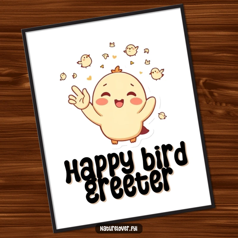 Funny Digital Art: A happy character waves enthusiastically at a group of tiny birds, printable and joyful.