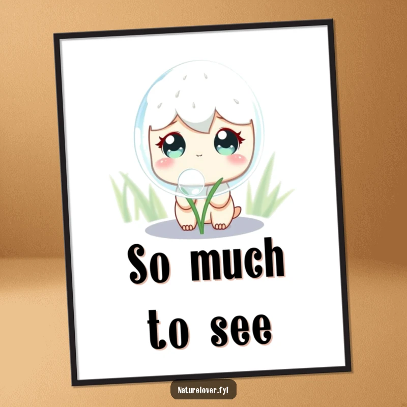 Funny Digital Art Print: A cute character with wide, curious eyes observes a huge, shimmering dewdrop, ideal for instant wall decor.