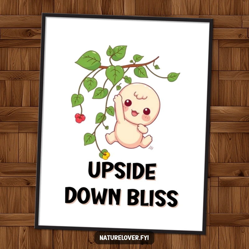 Funny digital art print of a kawaii character playfully dangling from a vine, capturing whimsical joy and playfulness.