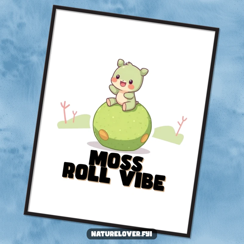 Funny Moss Ball Rider Digital Art Print: A creature joyfully riding a moss ball, ready to be framed.