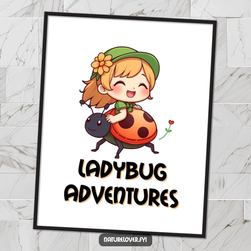 Funny digital art print of a nature lover character joyfully giggling while riding on the back of a friendly ladybug.