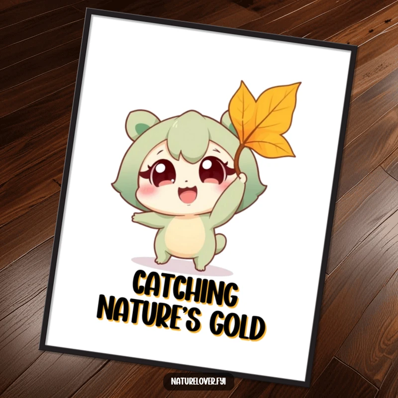 Funny digital art print of a wide-eyed nature lover character joyfully attempting to catch a falling leaf, celebrating outdoor moments.