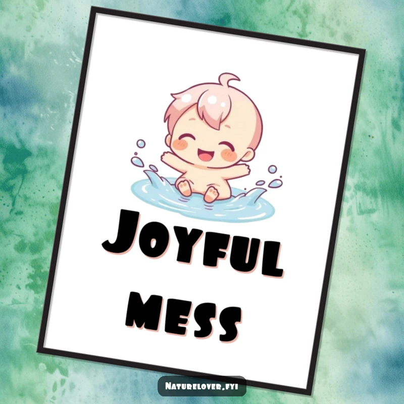 Funny digital art print of a character gleefully splashing in a tiny puddle, radiating happiness and simple fun.