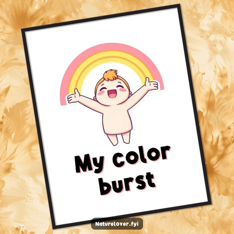 Funny digital art print of a character with arms outstretched, beaming at a bright rainbow, ready to inspire joy.