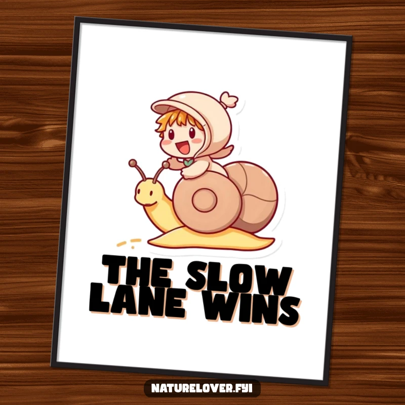 Funny digital art print of a little character excitedly riding a snail like a racehorse, capturing whimsical speed.