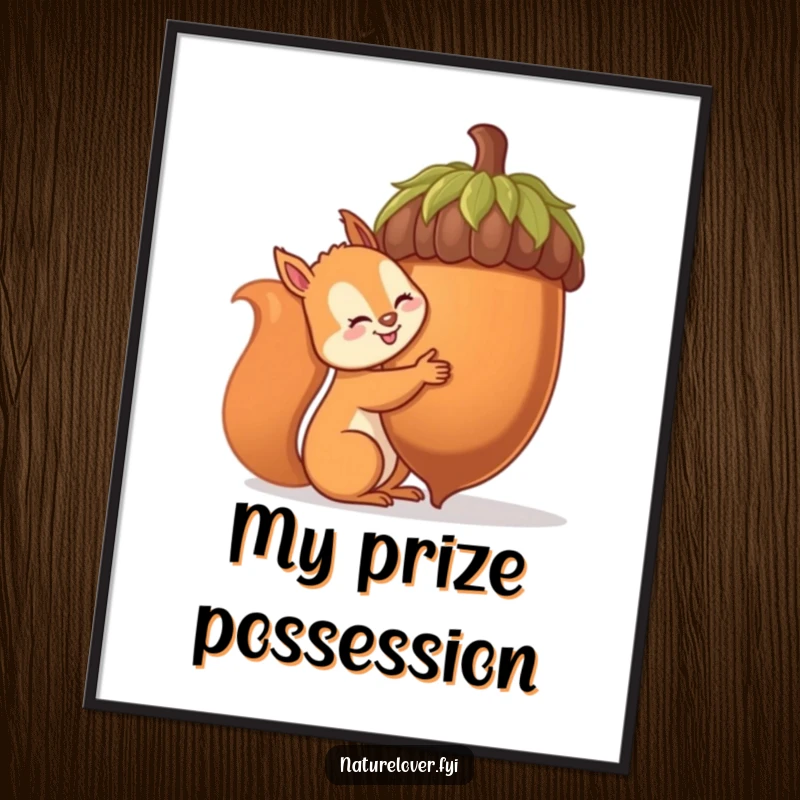 Funny squirrel digital art print of a cheerful squirrel hugging a comically large acorn, perfect for instant humorous decor.