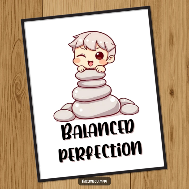 Funny digital art print of a character winking while balancing a pile of smooth stones, ready to bring calm.