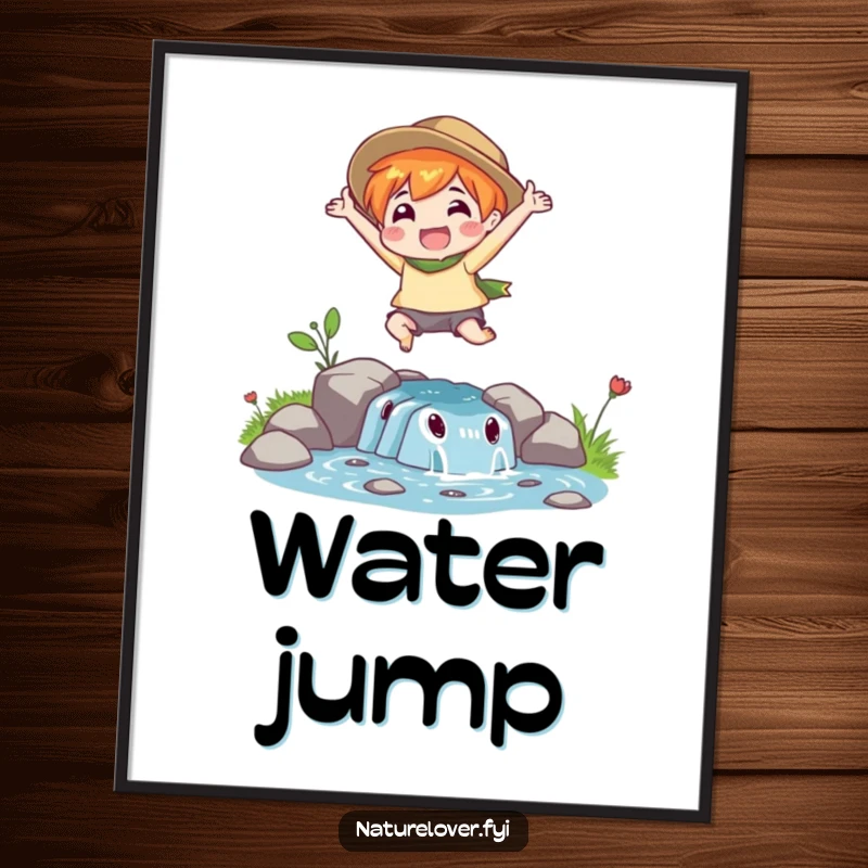 Funny Stream Leap Digital Print: An energetic nature lover character enthusiastically leaps over a small stream, vibrant and funny art.